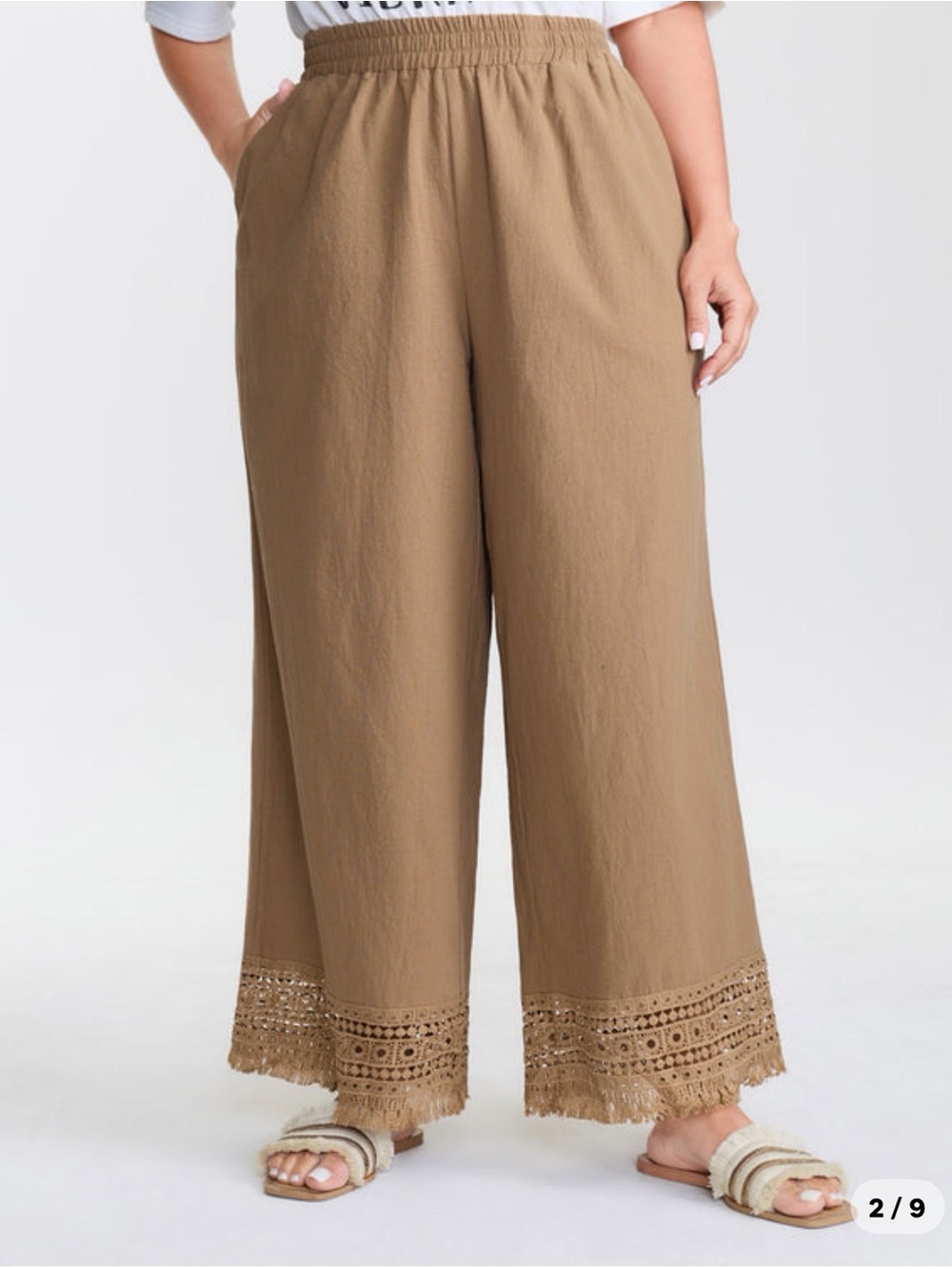 BloomChic Tan Wide-Leg Pants with Crochet Fringe Hem